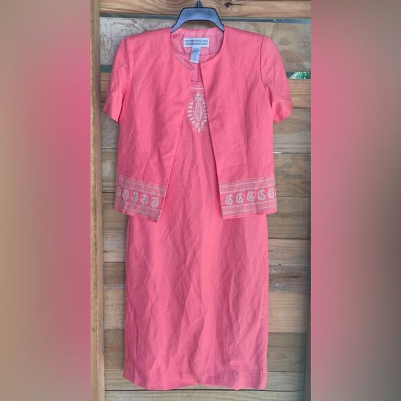 JESSICA HOWARD Womens  2-Piece Linen Blend  Dress Set-Size 6 Coral Embroidered - Picture 1 of 15